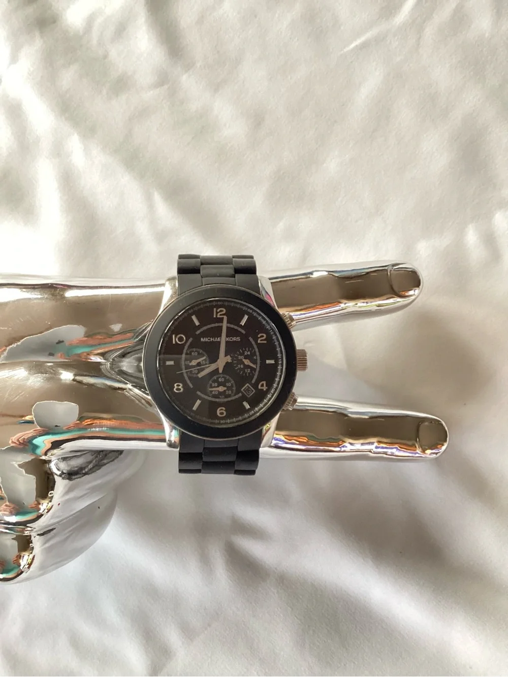 Michael Kors Black Silver Chronograph Silicone Watch New Batteries w/MK Dust Bag